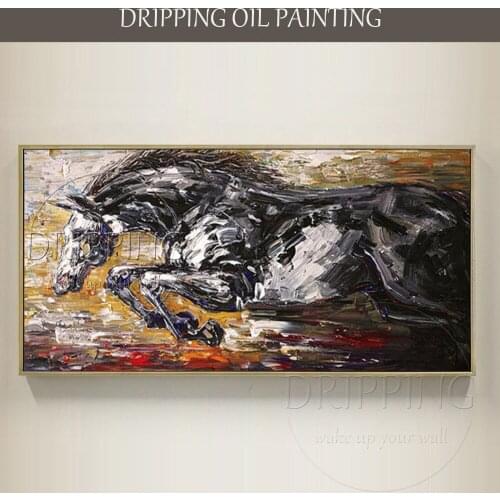 Excellent Artist Pure Hand-painted Black Horse Oil Painting for Living Room Modern Animal Stallion Oil Painting for Wall Decor