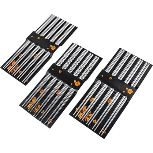 5 Pairs Stainless Steel Square Chopsticks Chinese Stylish Healthy Light Weight Metal Non-slip Design Kitchen