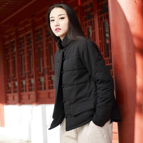 Women Autumn Winter Cotton Linen Retro Padded Coat Outwear Ladies Solid Color Vintage Overcoat Padded Single Breasted Retro
