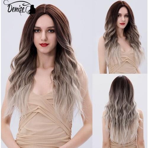 Brown To Blonde Natural Hair Synthetic Wigs For White Women Middle part Ombre Female Heat Resistant Cosplay Wavy Girl Daily Wig