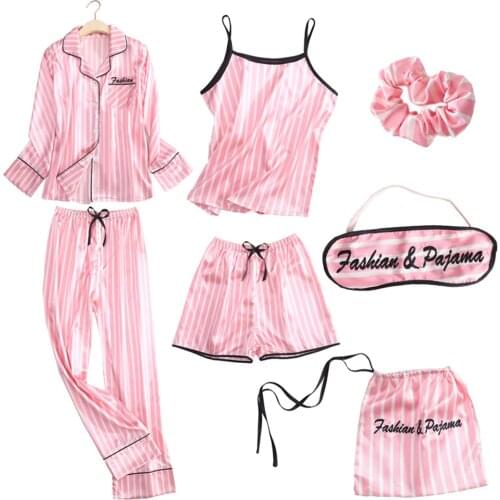 Lingering Warmth Womens 7 Pieces Pajamas Sets Faux Silk Striped Pyjama Women Sleepwear Sets Spring Summer Autumn Sweet Homewear