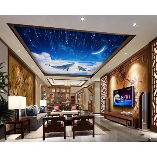 Custom photo wallpapers 3d ceiling wallpaper Beautiful dream starry sky moon white cloud big fish living room zenith ceiling