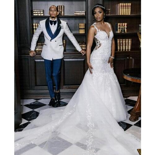 Stunning Sweep Train Arabic Mermaid Wedding Dress 2021 Sexy Deep V-Neck Wedding Bridal Gowns