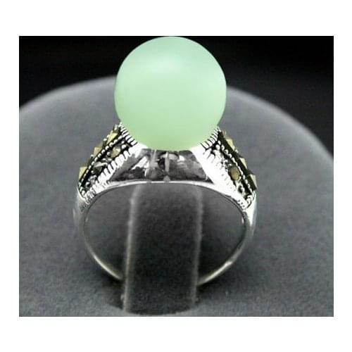 RARE 8MM LIGHT GREEN Natural JADE BEADS MARCASITE 925 STERLING SILVER RING SIZE 7/8/9/10