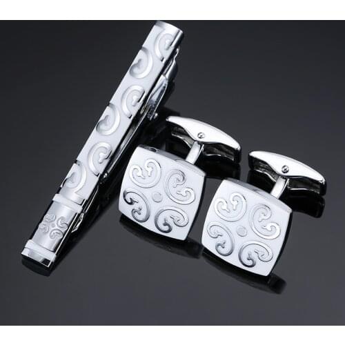 Luxury white Tie Clip Cufflinks For Mens Set flower Pattern Cufflinks High Quality Tie Pin Cuff Links Set Men Jewelry Gifts