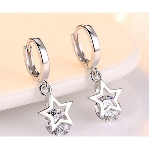 925 Sterling Silver Shiny Zircon Star Charm Hoop Earring For Women Party Wedding Jewelry eh1417