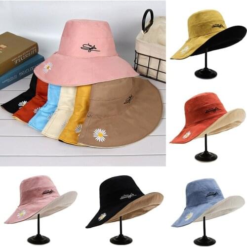 Korean Fashion Fisherman Small Daisies Big Brim Double-faced Sun Hat Female New Casual Bucket Hats Sunscreen Anti UV Caps