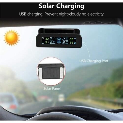 Car TPMS Tire Detection Monitor External Wireless Solar Tire Pressure Detection System Time Display Monitoring System