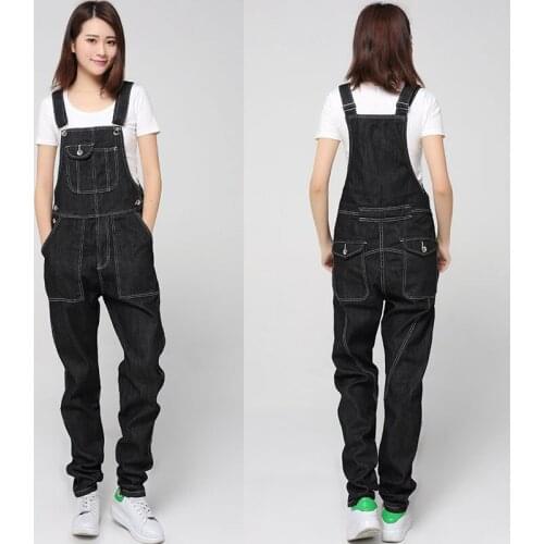 European and American style Loose Denim Overalls Small feet Black Strap trousers Ladies Modis Large size jeans Free shipping