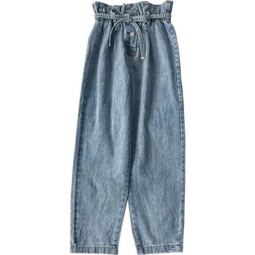 Spring autumn 2020 Drawstring elastic waist wide-leg high-waist Denim jeans women tall straight loose femme jeans cropped pants