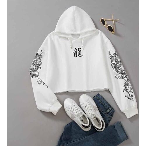 Cotton Aesthetic Crop Top Hoodie Graphic Croped Sweatshirts for Women Chinese Dragon Oversized Sweatshirt Vintage Female Hoodies