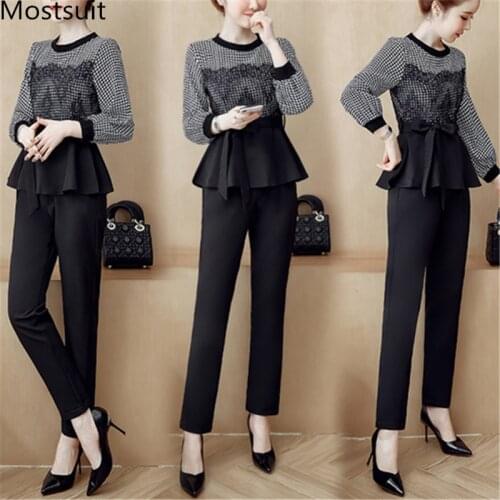 2019 Autumn Black Houndstooth Office Two Piece Sets Outfits Women Plus Size Lace Patchworktops And Pants Elegant Ladies Suits