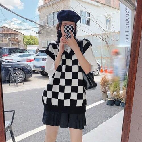 Women Sweater Vest 2021 Autumn Winter Korean Style Vintage CheckerBoard Plaid V Neck Casual Loose Knit Waistcoat Pullover T715