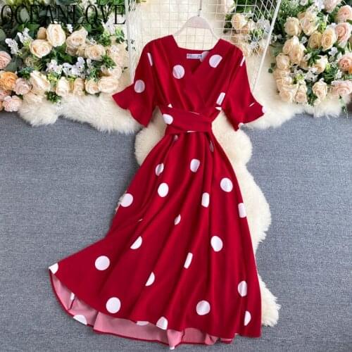 OCEANLOVE French Vintage Long Dress Dot Holiday Flare Sleeve Chiffon Vestidos A-line V Neck Women Dresses Elegant Robes 17142