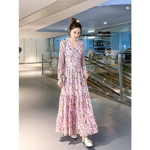 Long Sleeve Dress Women 2021 Autumn Fall Flowers Printed Maxi Long Dresses Female Bohemian Shirring V Neck Chiffon Floral Wear