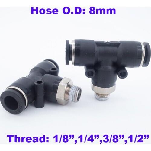 10pcs a lot t joint 3 way plastic connector 8mm thread 1/8 1/4 3/8 inch male PB 8-01/02/03/04 pneumatic hose pipe valve fitting