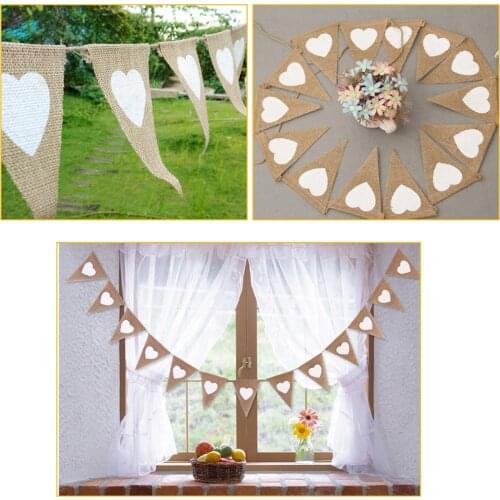 13pcs Jute Fabric Bunting Banner White Heart Flags Vintage Wedding Party Burlap Banners Rustic Wedding Decoration Cent Decors
