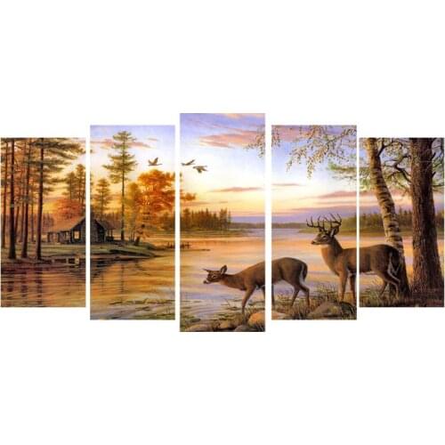 5Plane Abstract Sunset Deer Landscape Oil Painting on Canvas Posters and Prints Scandinavian Wall Art Picture For Living Room