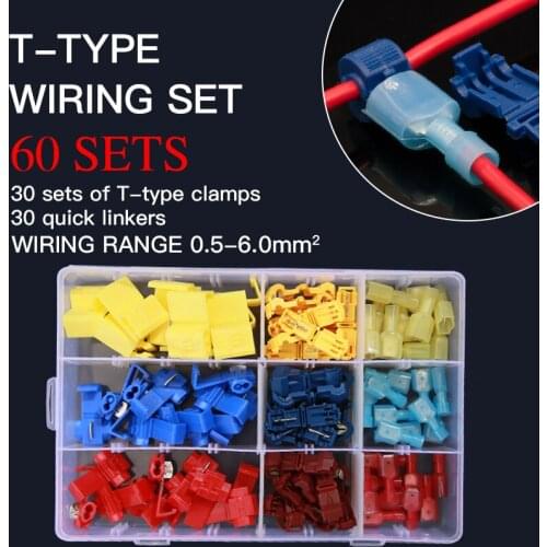 60pcs T-type Quick Electrical Cable Connectors No Striping Snap Splice Lock Wire Terminals Crimp Connector
