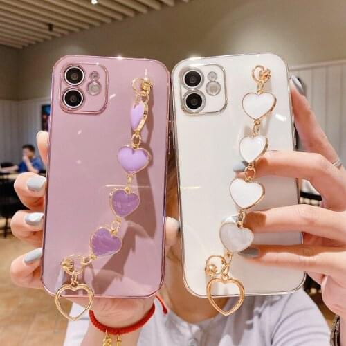 Cute Love Metal Wrist Chain Strap Phone Case For iPhone XS X XR 11 12 Pro Max Mini Luxury Plating Soft TPU Bright Skin Cover