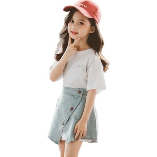 Children Clothes Letter Tshirt + Denim Skirt Girls Outfits Summer Tracksuit For Girl Casual Style Kids Tracksuit 6 8 10 12 14
