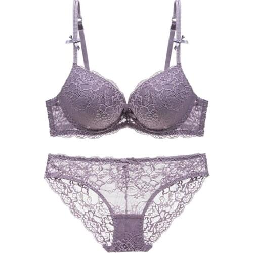 Sexy cute lace bow thick padded gather push up underwear set ladies back buckle bra with comfortable briefs purple khaki black