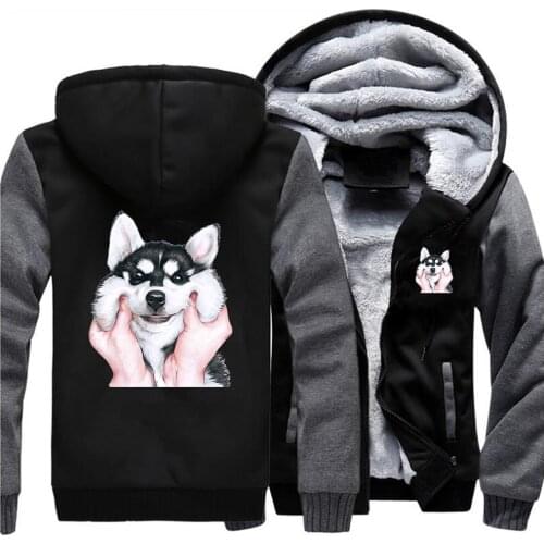 Cute Husky Animal Print Winter Men Zipper Coat Fleece Thick Hoodie Jackets Lovely Dog Funny Tracksuit Fashion Bodywarmer Outwear
