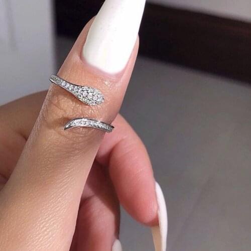 Fashion Adjustable Curved Snake Rings Inlay Full Shiny Small Zircon Simple Animal Silvery Jewelry For Women Halloween Party Gift