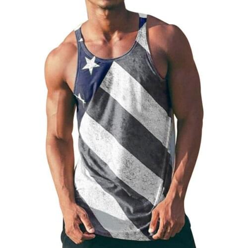 Summer Men Stars Printing American Flag Print Stripe O Neck Pullover Vest Patriotic Top Independence Running Sports Streetwear