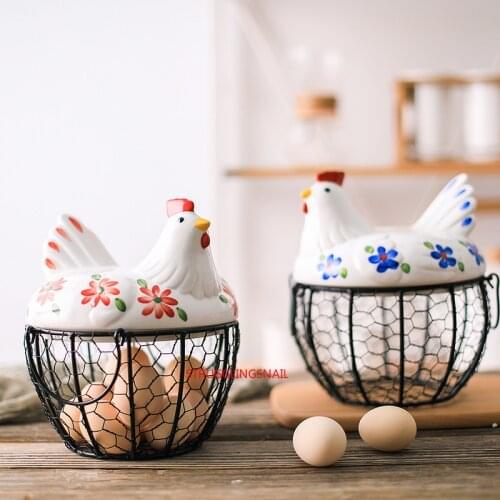 New American Iron Egg Storage Basket Snack Fruit Basket Creative Collection Ceramic Hen Oraments Decoration Kitchen Accessories