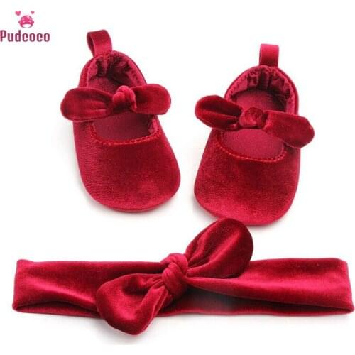 Pudcoco Newborn Baby Girl Gold Velvet First Walkers Shoes Princess Anti-slip Soft Sole Shoes+Hairband