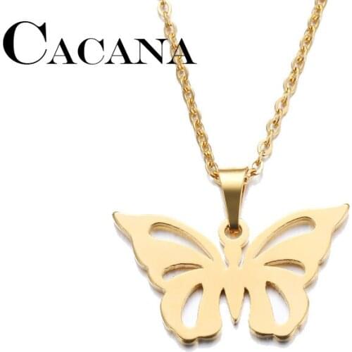 CACANA Stainless Steel Necklace For Women Man Lovers Hollow Butterfly Gold And Silver Color Pendant Necklace Engagement Jewelry