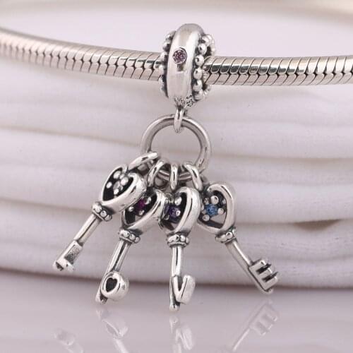 Authentic S925 Pendant Bead DIY Jewelry Keys of Love Dangle Charm fit Lady Bracelet Bangle Multi-Colored Crystals
