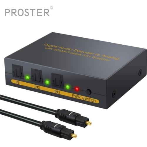 Proster 3 Port Optical SPDIF Toslink to L/R RCA 3.5mm Stereo Audio with Toslink Optical Switcher Digital to Analog Audio Decoder