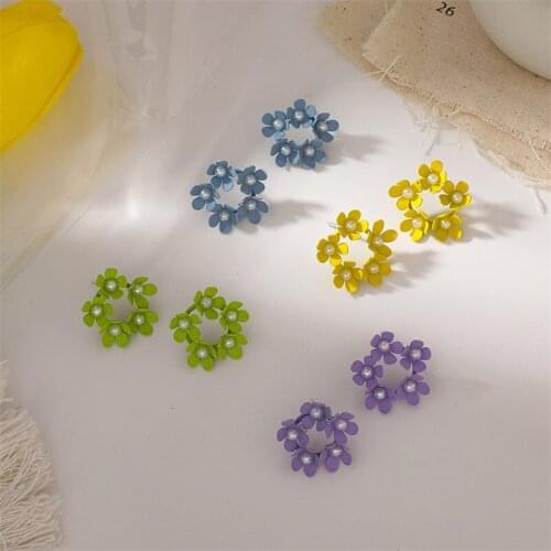 Early Spring Color Pearl Flower Round Earrings New Trendy Personality Sweet Ear Stud Student Simple And Atmospheric Earring