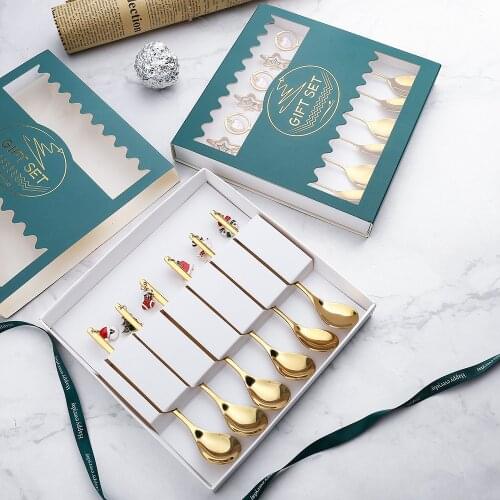 Christmas Spoon Vacuum Plating Stainless Steel Coffee Spoon Long Handle Tea Spoons Kitchen Hot Drinking Flatware Drop Shipping