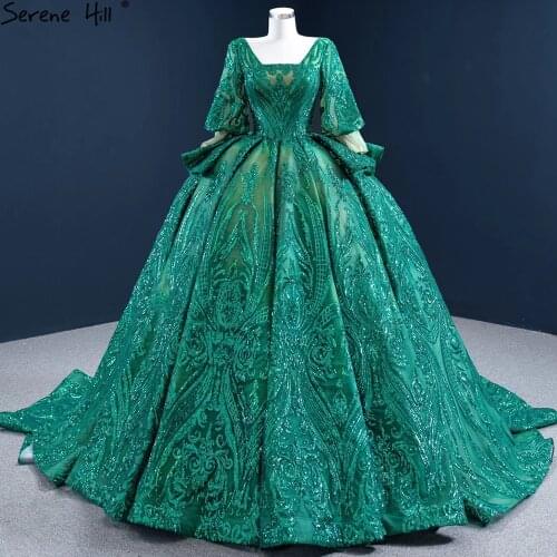 Serene Hill Muslim Green Sparkle Wedding Dresses 2021 Long Lantern Sleeves Bride Gowns HM67223 Custom Made