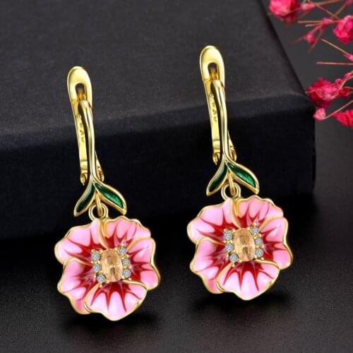 Fashion Bohemia Fancy Crystal Flower Dangle Earrings for Women Luxury Yellow Gold Color Handmade Enamel Blooming Drops Earrings