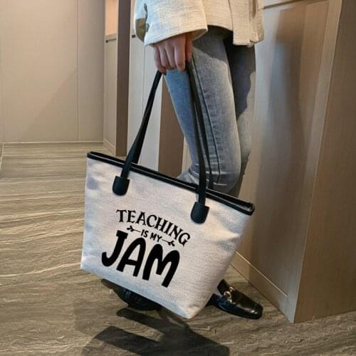 Teaching Is My Jam Teacher Gift Women Funny Printed Canvas Tote Bag Shoulder Shopping Bag Beach Bag Work Bag