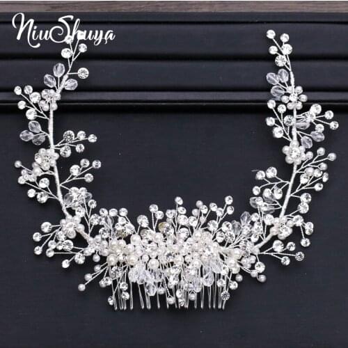 NiuShuya Wedding Headdress Pearl Haircomb White Flower Vine Hairwear Handmade Headbands Hairbrush Bride Hair Jewelry Hair Comb