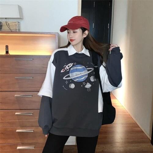 Loose planet embroidery design sense of front and back wear fake two piece stitching sweatshirt women
