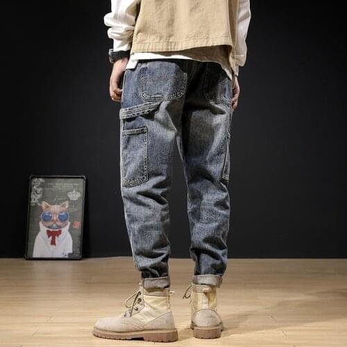 Streetwear Fashion Men Jeans Retro Blue Loose Fit Casual Denim Cargo Pants High Quality Hip Hop Wide Leg Harem Jeans For Men