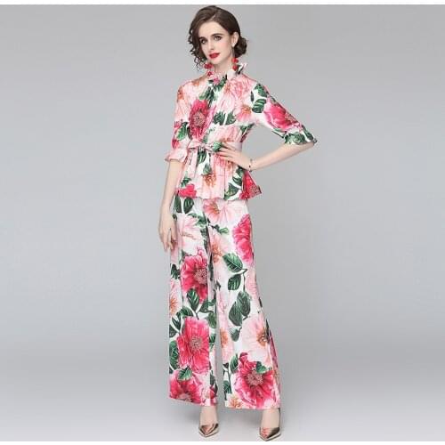 Runway Summer Two Piece Pant Suits New Women Rose Flower Printed Chiffon Ruffles Belt Shirt Tops + Floral Wide Leg Trousers Sets