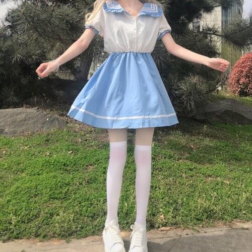 Japanese Soft Girl Summer Dress Kawaii JK Navy collar Short Sleeve Ruffle Sweet College style Dress Autumn Women Dress Vestidos