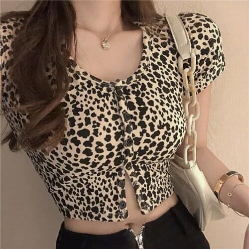 Wenfly Women O-Neck Button Open Navel Leopard Printing Short Sleeve Casual T-shirt Skinny Cardigan Summer Vintage Female