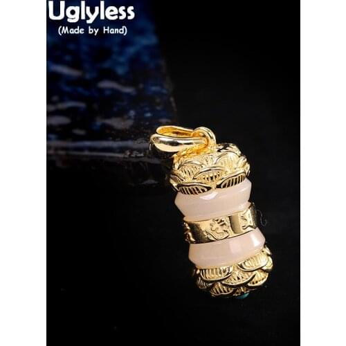 Uglyless Natural Jade Inlaid 925 Silver Lotus Flower Pendants for Women Buddhistic Six-word Mantra Necklaces NO Chain Turquoise