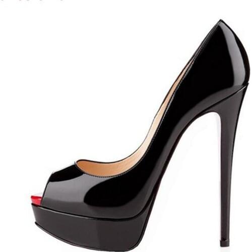 Plus Size Woman High Heel Shoes Black Patern Leather Peep Toe Platform Pumps Sexy High Heels Shoes Stilettos Party Heels 35-43