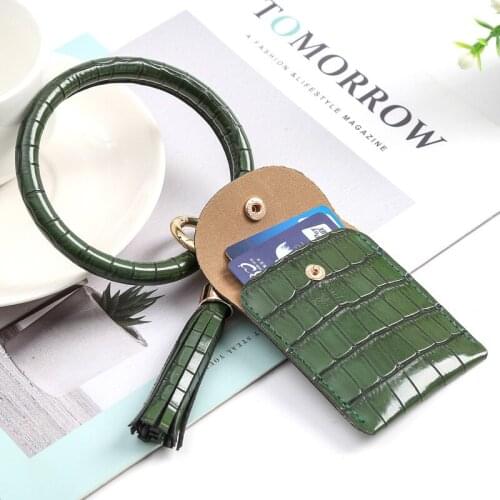 1PC Keychain Bracelet Wristlet Bangle Key Card Holder Large Round Keyring Leather Tassel For Women Girls With Wallet