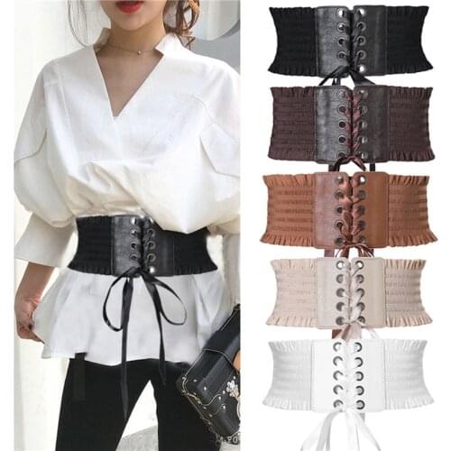 Womens Soft PU Leather Wrap Around Tight Slim Belt Cinch Waist Wide Dress Belt Tie Waistband Lace Up Eyelet Cotton Corset Belt