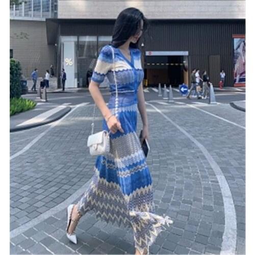 Summer Striped Knitted Two Piece Set Women New Elegant Short Sleeve Knitting Tops Elastic High Waist Long Maxi Skirt Blue Suits